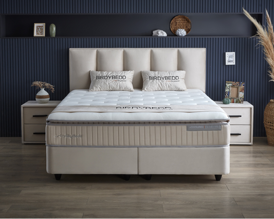 Boxspring met Opbergruimte Birdybedd Beige - Luxe 7-zone matras 500 pockets/m² met vaste topper - Complete set