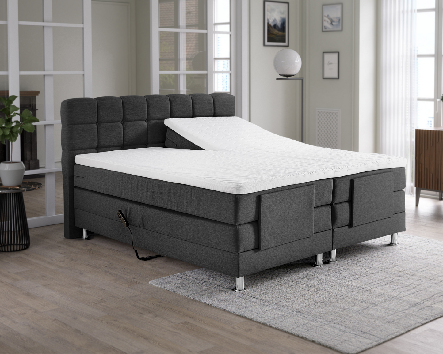 Elektrische Boxspring - Azteca Grijs - Complete set - Luxe 7-zone matrassen 500 pockets/m² - Gratis topmatras