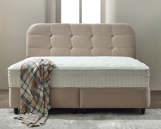 Boxspring met opbergruimte - Ronzara Beige - Complete set - Luxe 7-zone matras 500 pockets/m² met ingebouwde topper