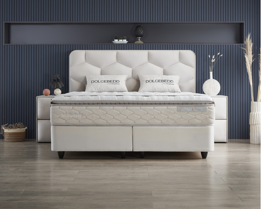 Boxspring met Opbergruimte Dolcebedd Beige - Luxe 7-zone matras 500 pockets/m² met vaste topper - Complete set