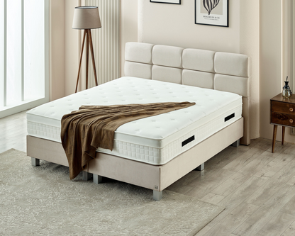 Luxueuze beige LaVida Boxspring met een 5-zone matras van 500 pockets/m² en ingebouwde topper