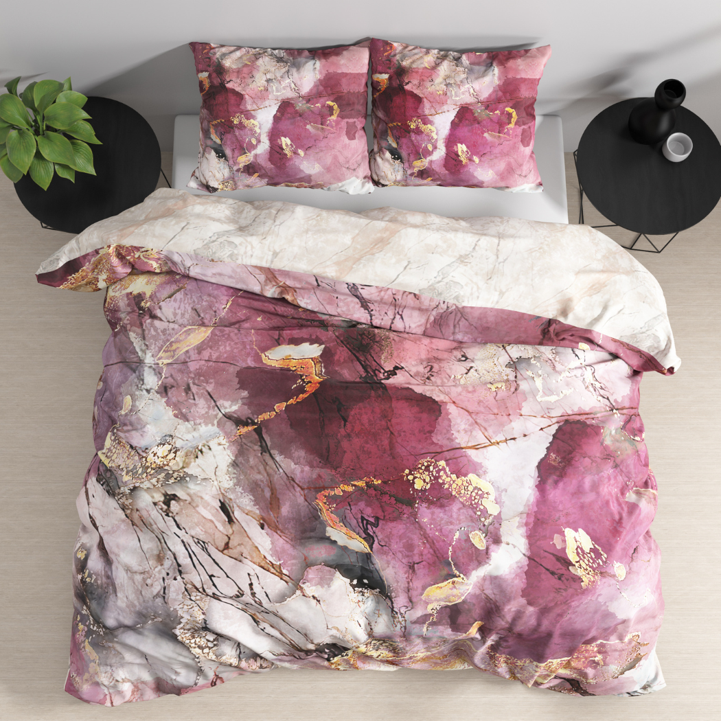 Cotton Satin Duvet Cover Set Marble Gold Pink