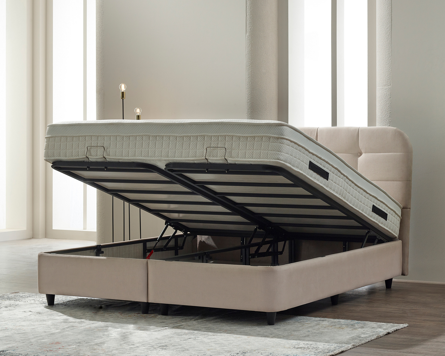 Boxspring met opbergruimte - Ronzara Beige - Complete set - Luxe 7-zone matras 500 pockets/m² met ingebouwde topper