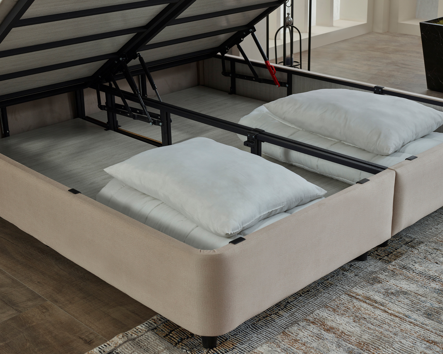 Boxspring met opbergruimte - Ronzara Beige - Complete set - Luxe 7-zone matras 500 pockets/m² met ingebouwde topper