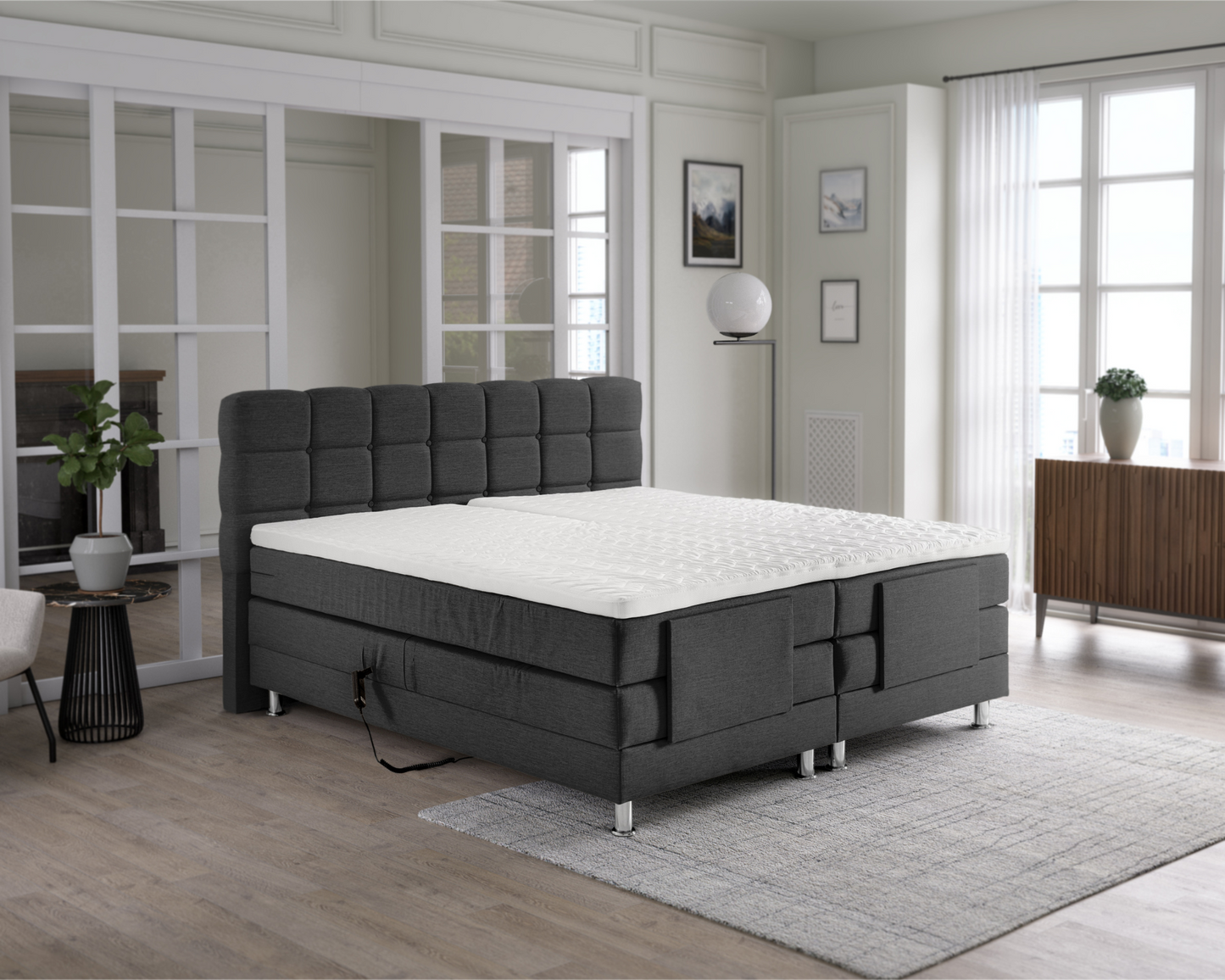 Elektrische Boxspring - Azteca Grijs - Complete set - Luxe 7-zone matrassen 500 pockets/m² - Gratis topmatras