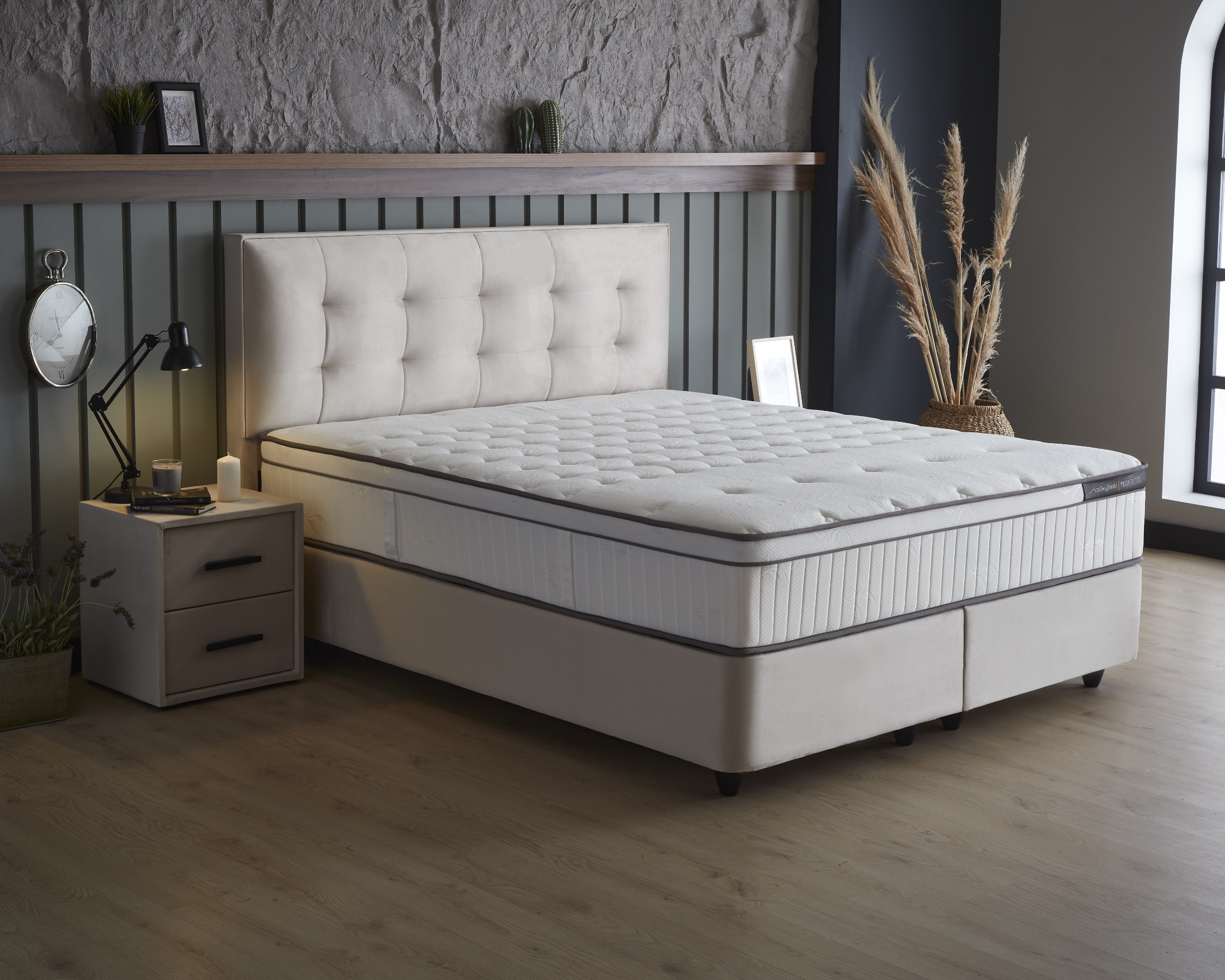 Boxspring met Opbergruimte Modebedd Beige - Luxe 7-zone matras met Aloevera 800 (micro)  pockets/m² met ingebouwde topper - Complete set