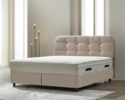 Boxspring met opbergruimte - Ronzara Beige - Complete set - Luxe 7-zone matras 500 pockets/m² met ingebouwde topper